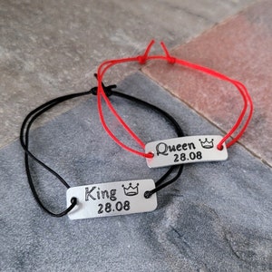 King and Queen Couples Bracelets with Date and Crown, Personalized Engraved Matching Bar Bracelets Set of 2, His and Hers Customized Gift image 2