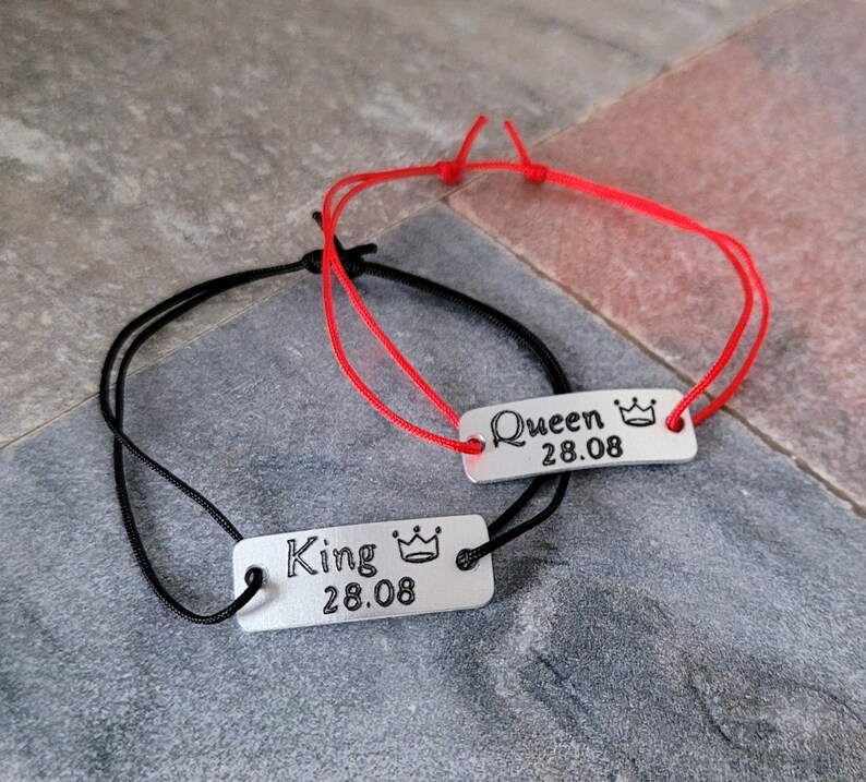 King and Queen Couples Bracelets with Date and Crown, Personalized Engraved Matching Bar Bracelets Set of 2, His and Hers Customized Gift image 2