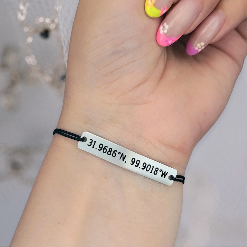 Personalized GPS Coordinates Bracelet, Custom Latitude Longitude, Engraved Location Bracelet, Couples Long Distance Gift, Adjustable Cord