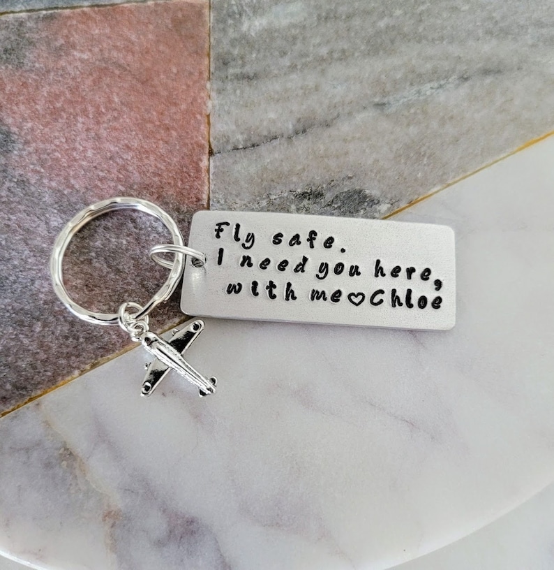 Fly Safe Custom Keychain Personalized Handmstamped Keyring with Airplane Charm Pilot Gift Flight Attendant Aviation Crew Frequent Traveller image 2