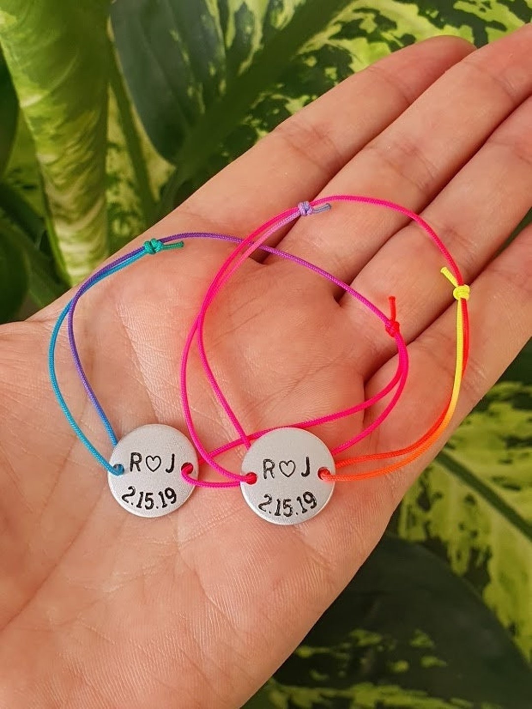 Set of 2 Personalized Couples Bracelets, Initials, Date His and Hers