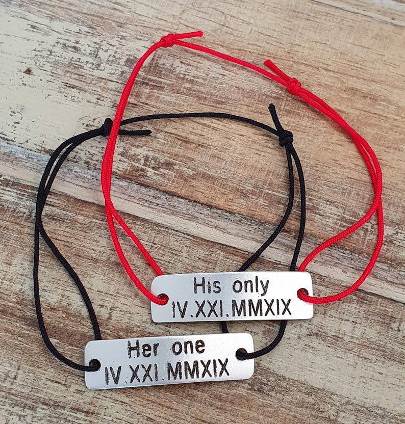 Set of 2 Personalized Engraved Couples Bracelets, Roman Numerals Date, Her One His Only, Boyfriend Couples Gift, His and Hers Matching Set image 2