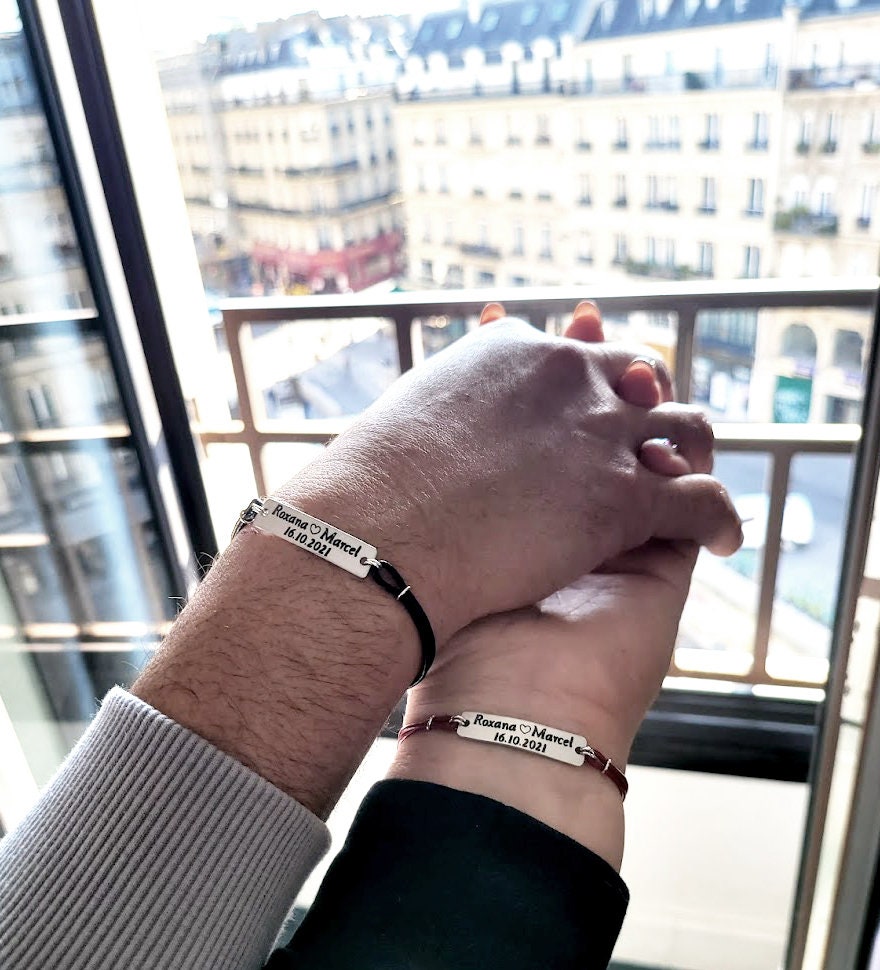 Personalized Matching Bracelets For Couples - Connectable Heart, Adjustable, Custom Engraved With Birthstones - View #11