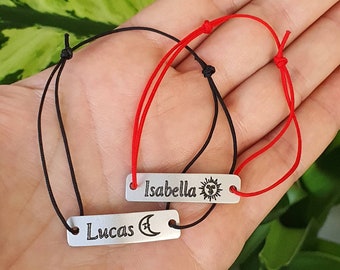 Personalized Sun and Moon Couple Bracelets with Custom Engraved Name and Symbol, Adjustable String, Matching Set of 2, His and Hers, Love