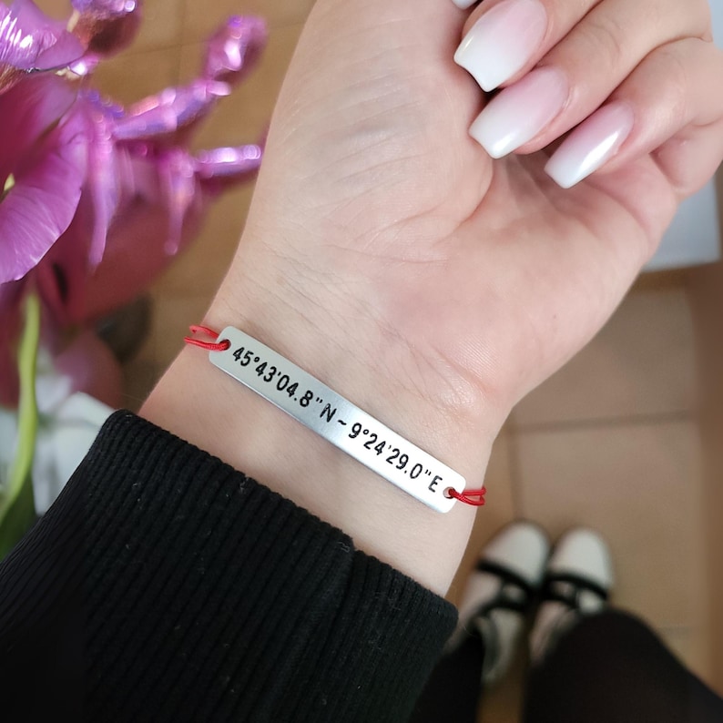 Personalized GPS Coordinates Bracelet, Custom Latitude Longitude, Engraved Location Bracelet, Couples Long Distance Gift, Adjustable Cord