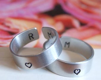 Couples Cuff Rings, Set of 2 Custom Engraved Rings for Couples, Monogram, Aluminum Band, Personalized, Handstamped, His Hers Matching Set