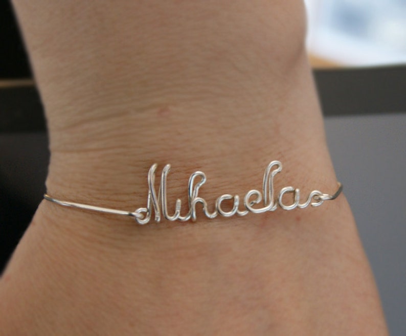 Personalized Name Bracelet, Bangle Bracelet, Silver Plated, Customizable, Wire Name, Wire Word, Custom Made image 4