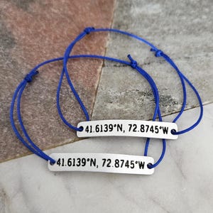Personalized GPS Coordinates Bracelet, Custom Latitude Longitude, Engraved Location Bracelet, Couples Long Distance Gift, Adjustable Cord