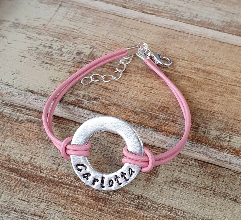 Personalized Bracelet, Engraved, Hand Stamped, Name Bracelet, Aluminum, Leather Bracelet, Couples Bracelet, Washer, Girlfriend Gift image 2