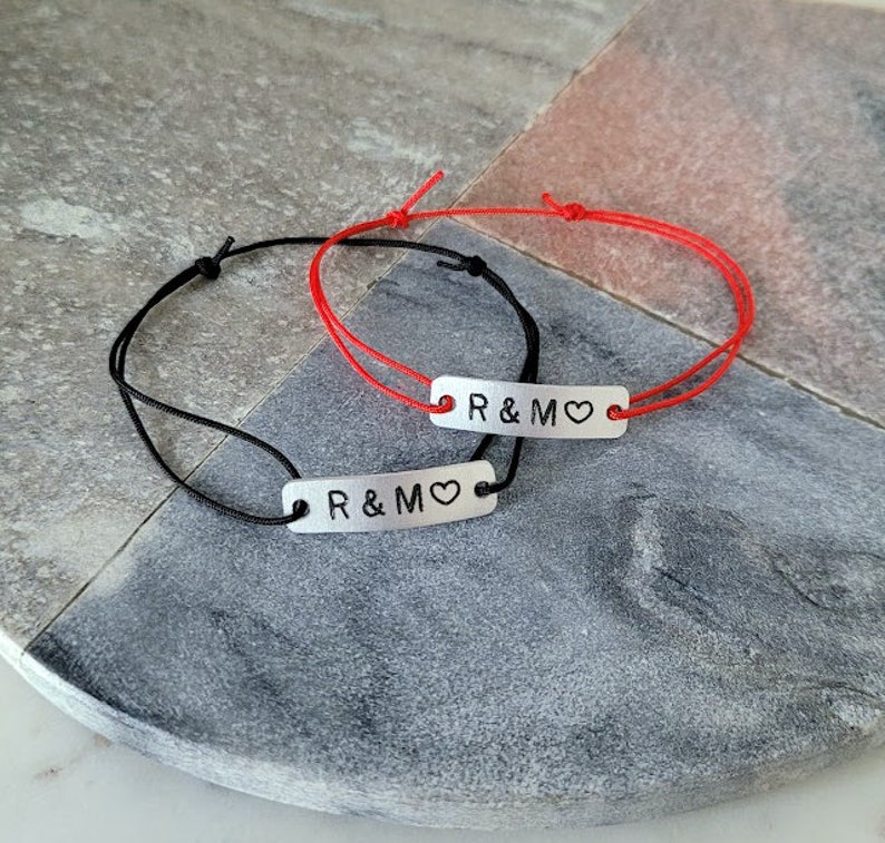 Couples Bracelets His and Hers Engraved Custom Initials with Heart, Matching Set of 2, Personalized Relationship Boyfriend Anniversary Gift image 3