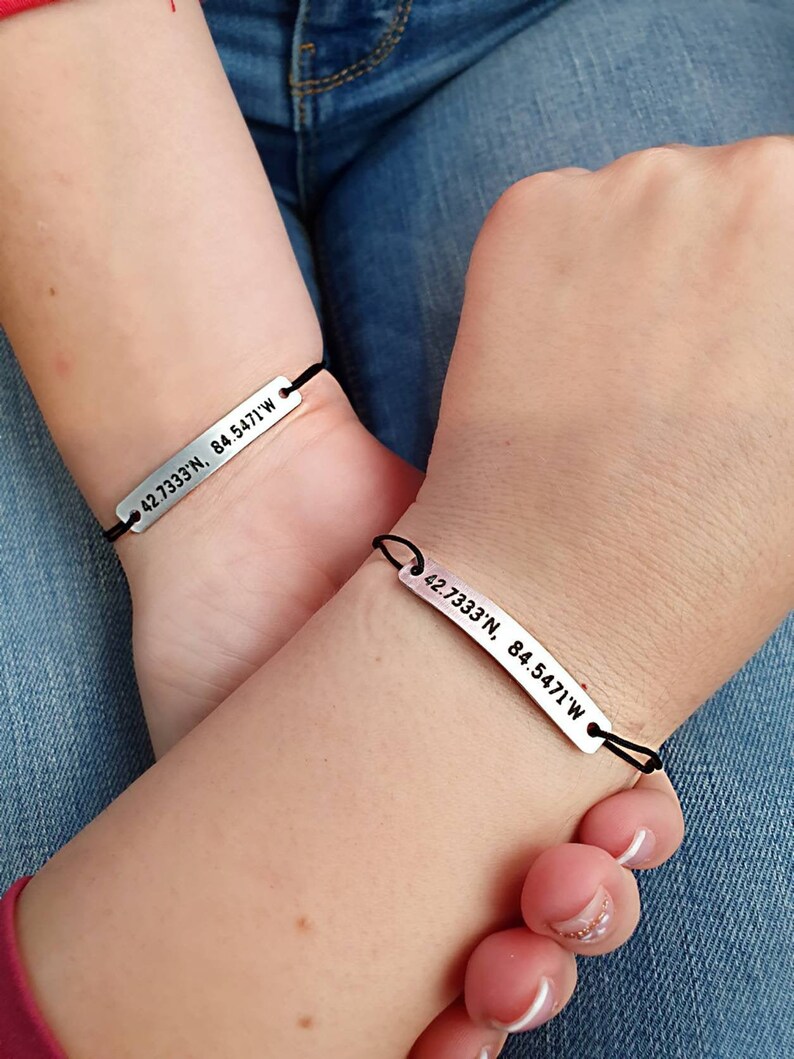 Set of 2 Personalized GPS Coordinates Bracelets, Engraved Latitude Longitude Matching Set His Hers Boyfriend, Couples Gift, Long Distance