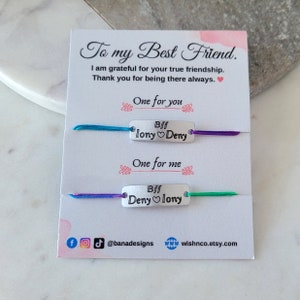 Pulseras a juego de mejores amigas personalizadas, identificación grabada personalizada con nombres y corazón, cordón ajustable, tarjeta con cita de mejores amigas, regalo para mejores amigas