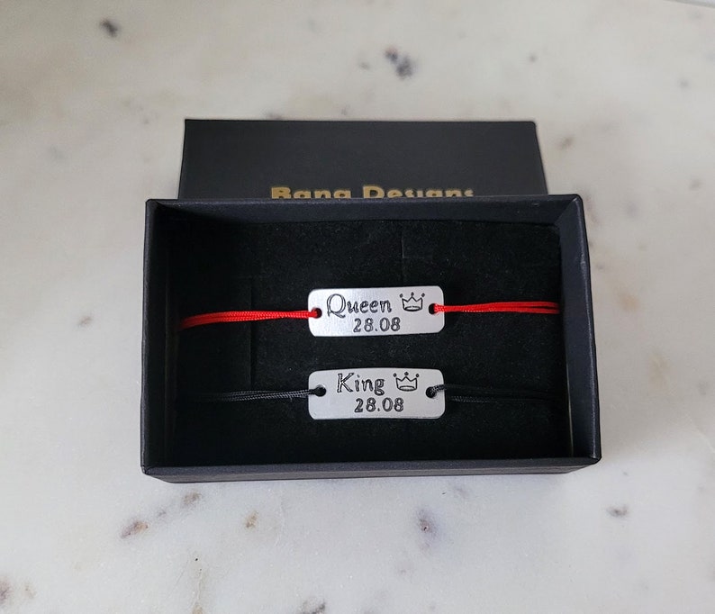 King and Queen Couples Bracelets with Date and Crown, Personalized Engraved Matching Bar Bracelets Set of 2, His and Hers Customized Gift image 4