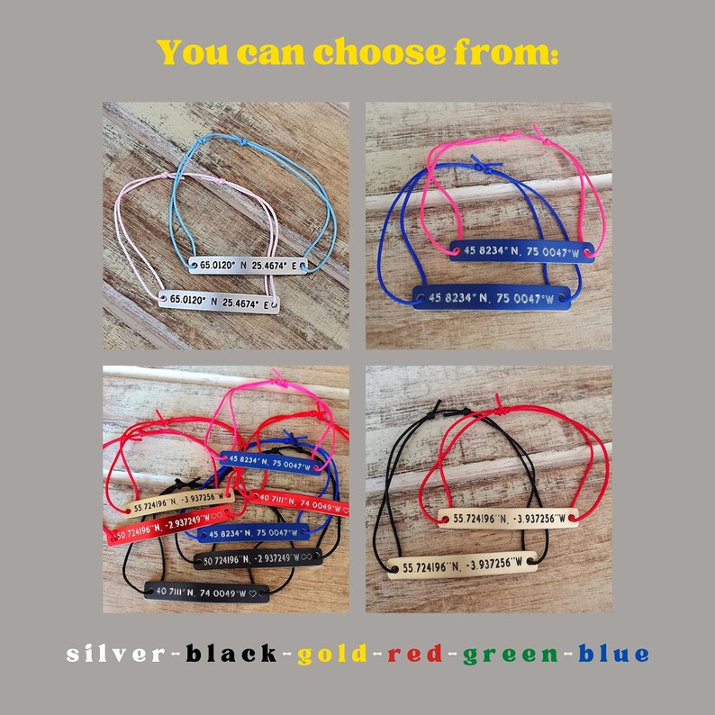 Puede incluir: Una colecci&oacute;n de pulseras personalizadas con coordenadas, en varios colores. Cada pulsera presenta una etiqueta met&aacute;lica rectangular con coordenadas de latitud y longitud grabadas. Las pulseras est&aacute;n disponibles en plata, negro, oro, rojo, verde y azul.