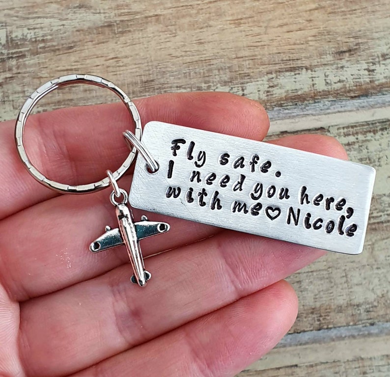 Fly Safe Custom Keychain Personalized Handmstamped Keyring with Airplane Charm Pilot Gift Flight Attendant Aviation Crew Frequent Traveller image 4