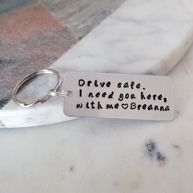 Personalized Keychain Gift for Boyfriend Custom Couples Keyring Drive Safe I Need You Here with Me Customizable New Driver Husband Gift image 2