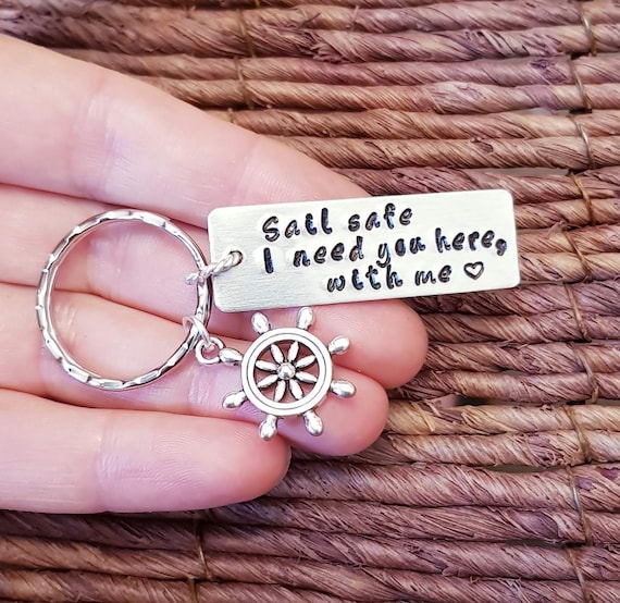 Personalized Keychain, Sail Safe, Ship's Wheel charm, Nautical, Boat, Helm,  Aluminum, Engraved Keychain, Husband Gift, Boyfriend Gift