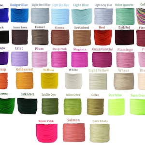 Puede incluir: Una carta de colores que muestra una variedad de colores de cord&oacute;n, incluyendo azul, negro, rojo y verde. Cada color est&aacute; etiquetado con su nombre, como "Dodger Blue", "Fire Brick" y "Neon Pink". Los cordones est&aacute;n dispuestos en filas ordenadas.