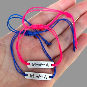 Couples Bracelets Engraved with Initials, Electrocardiogram, Custom Matching Set of 2 His Hers Personalized Couples Gift, Adjustable String image 2