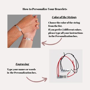 May include: Two personalized bracelets with engraved names "Michael" and "Jessi" on silver tags. The bracelets are made with black and red strings. The image shows how to personalize the bracelets with names and choose the color of the strings.