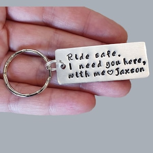 Personalized Keychain, Custom Ride Safe, Bicycle, Bike Keychain, Couples Keychain, Engraved Keychain, Husband, Boyfriend, Biker Gift