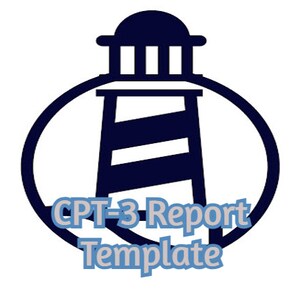 May include: A navy blue and white lighthouse illustration inside a navy blue circle. The text "CPT-3 Report Template" is written in light blue below the lighthouse.