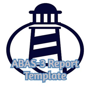 Puede incluir: Un icono de faro blanco y negro dentro de un círculo con el texto "ABAS-3 Report Template" debajo.