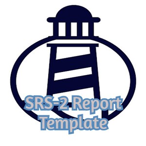 Puede incluir: Ilustración de un faro azul marino y blanco dentro de un círculo azul marino. El texto "SRS-2 Report Template" está escrito en azul claro debajo.