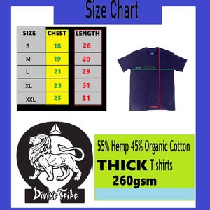 May include: Size chart for a t-shirt made of 55% hemp and 45% organic cotton. The chart shows chest and length measurements in inches for sizes S, M, L, XL, and XXL. The t-shirt is 260gsm thick.