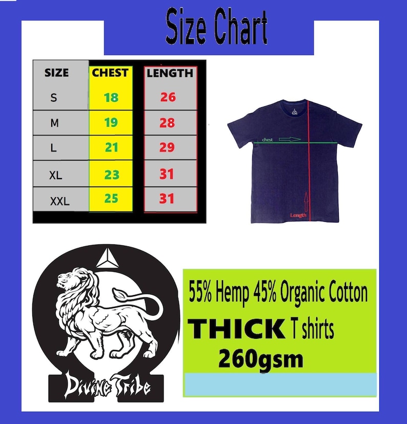 May include: Size chart for a t-shirt made of 55% hemp and 45% organic cotton. The chart shows chest and length measurements in inches for sizes S, M, L, XL, and XXL. The t-shirt is 260gsm thick.