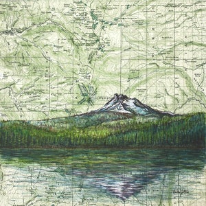 Mt Jefferson from Olallie Lake art, Mount Jefferson painting print Mountain illustration, Oregon mountain print, mountain art map art