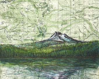 May include: A vintage map of a mountainous region in green and brown tones. The map shows a lake reflecting a snow-capped mountain peak, Mt. Jefferson, in the distance. The map is titled "Marion Co. & Jefferson Co."