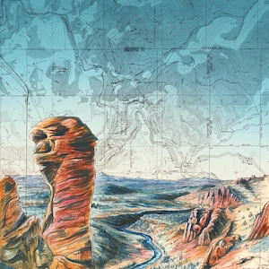 May include: A colorful landscape art print featuring a detailed topographic map overlay. The artwork depicts a canyon with a winding river, rendered in shades of orange, blue, and green. The upper portion of the print showcases a detailed map.