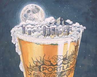 Beervana Portland Print, Portland beer art, Portland skyline art print, Portland Oregon, Portland illustration with beer pint and full moon