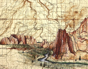 Smith Rock Oregon, Smith Rock painting print Desert illustration, Oregon hiker desert print, Bend wilderness climbing art, climber map art