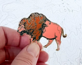 American Bison Enamel Pin, Roaming buffalo hard enamel gold pin, hiker backpacker pin, mountain plains wildlife, animal pin wilderness