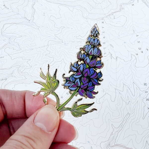 Alpine Lupine Wildflower Enamel Pin, Lupinus depressus purple flower large hard enamel gold pin, hiker backpacker pin, mountain wilderness