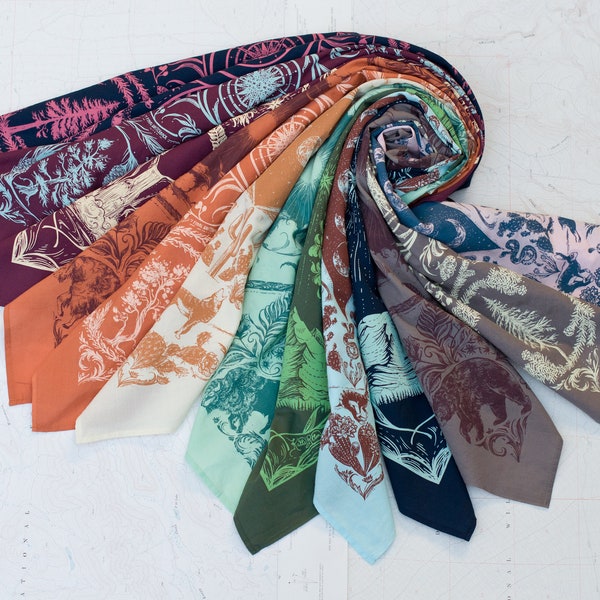 Premium Outdoor Bandana Collection,  super soft cotton premium bandanas, Mountain wildlife, Hiker gift Bear Bison Mountain Goat Wolf flowers