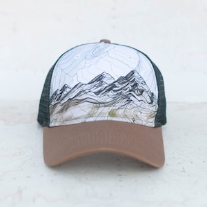 Mountain Range Trucker Hat, Round brim trucker hat, mountain layer flat hat, trail running trucker hat, outdoor hiking, Brown Scree unisex