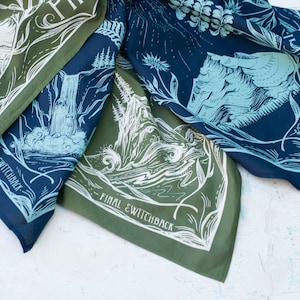 PNW Bandana,  super soft cotton bandana, Evergreen or Navy, Coast, Mountains, Outdoorsy hiker bandana, Discharge printed in the USA