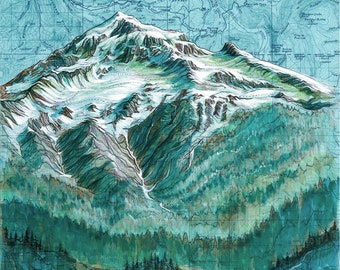 May include: A watercolour illustration of a mountain range with a glacier on top. The mountain is surrounded by a forest and a river. The illustration is on a blue and white map with the text "Columbia River Gorge" and "McCloud River State Park".