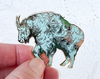 Mountain Goat Enamel Pin, Oreamnos americanus blue hard enamel gold pin, hiker backpacker pin, mountain wildlife climber wilderness