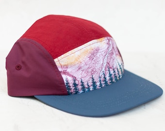 First Light Treeline 5 Panel Hat, quick drying mountain hat, trail running trucker hat, outdoor hiking hat red and blue adjustable skate hat