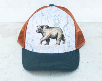 Youth Bear Trucker Hat, Round brim trucker hat, California Bear hat, boy girl unisex gender neutral trucker hat, hiking hat