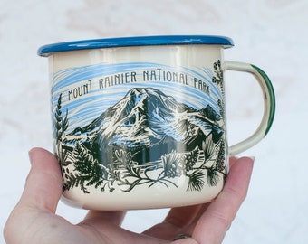 Mt Rainier Tatoosh Range Camping Mug, Mt Rainier National Park Washington enamel mug, 16oz PNW camper mug, fireproof backpacking coffee cup
