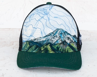 Mount Rainier Tatoosh Mountain Trucker Hat, Semi Round brim hat, national park hat, trail running trucker hat, outdoor hiking hat Green Blue