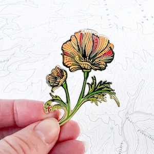 California Poppy Wildflower Enamel Pin, Eschscholzia californica flower hard enamel gold pin, hiker backpacker pin, mountain wilderness image 1