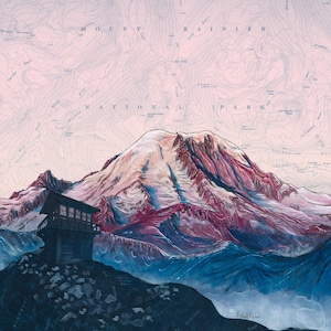 May include: A watercolor painting of Mount Rainier National Park. The artwork features a detailed topographic map overlayed with a view of the mountain and a small wooden structure. The color palette includes shades of pink, blue, and white.