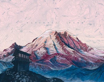 Mt Rainier Art Print: Fremont Lookout Sunrise Painting on Vintage Map