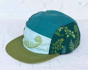 Forest Ferns 5 Panel Hat, quick dry mountain layer hat, trail running skate hat, outdoor hiking green forest greenery hat